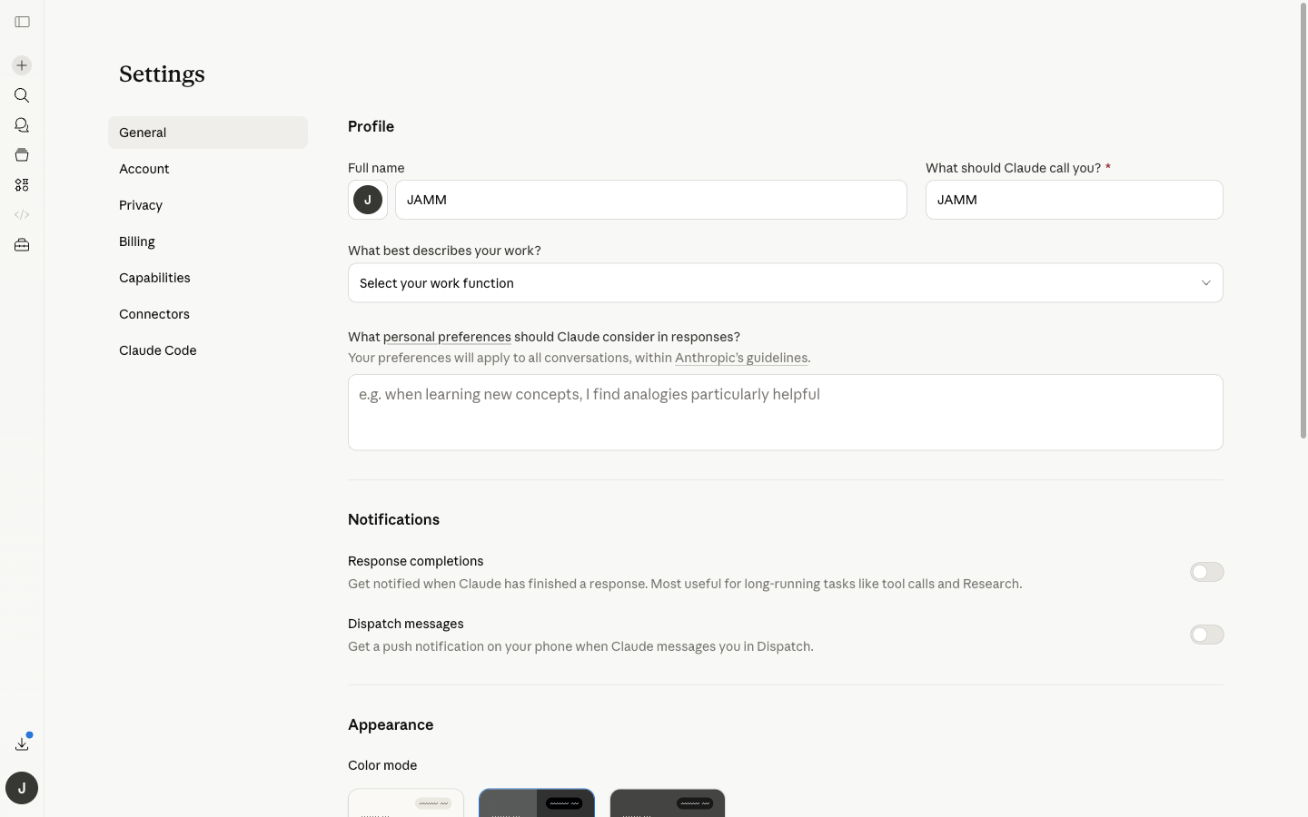 claude.ai Settings General з полем Personal preferences